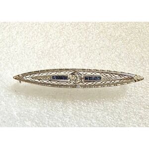 Art Deco 14k White Gold Filigree Brooch w/ Diamond & Sapphires